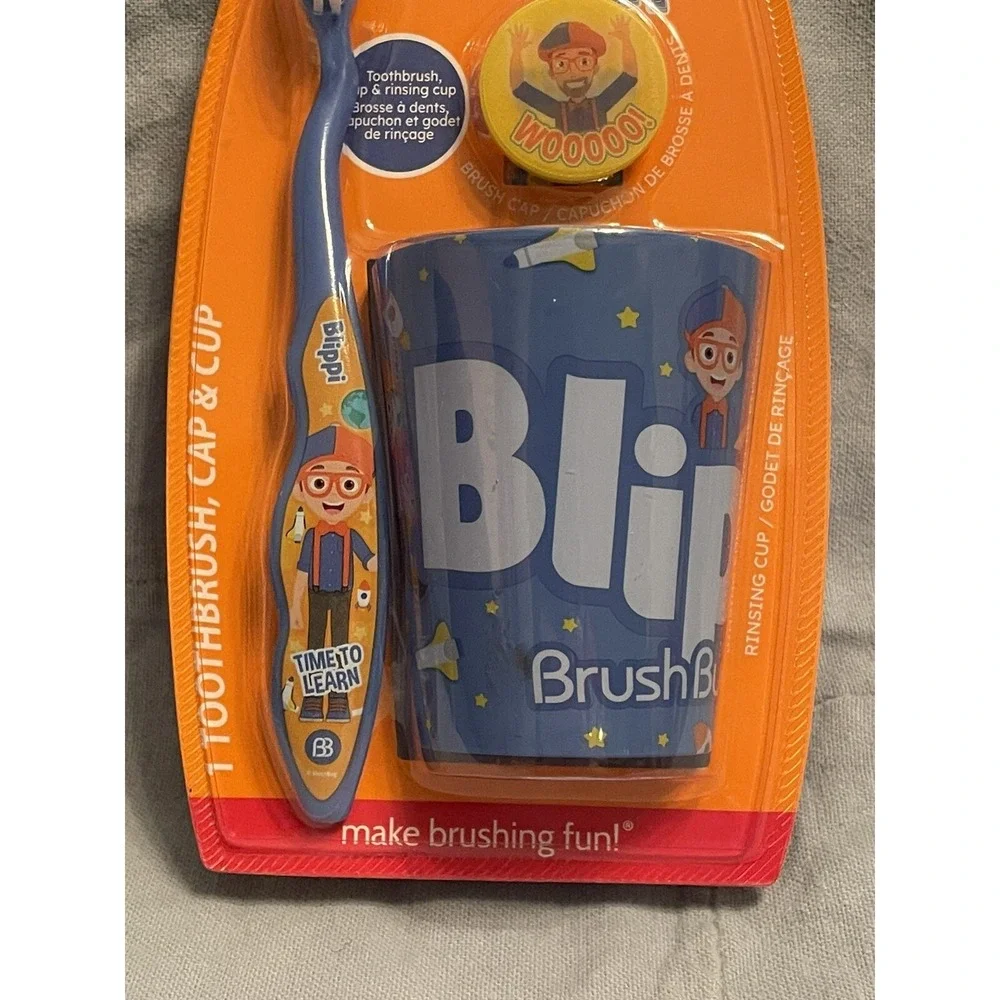 NEW Kid's Blippi Brush Buddies Soft Toothbrush, Cup,‎ Flossers, & Cap Set